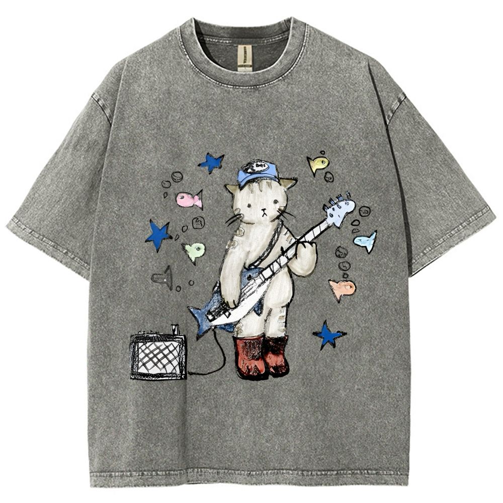 Rock  Star Cat Performance Unisex Vintage Washed Tee