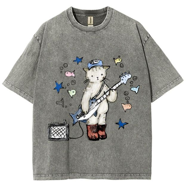 Rock  Star Cat Performance Unisex Vintage Washed Tee