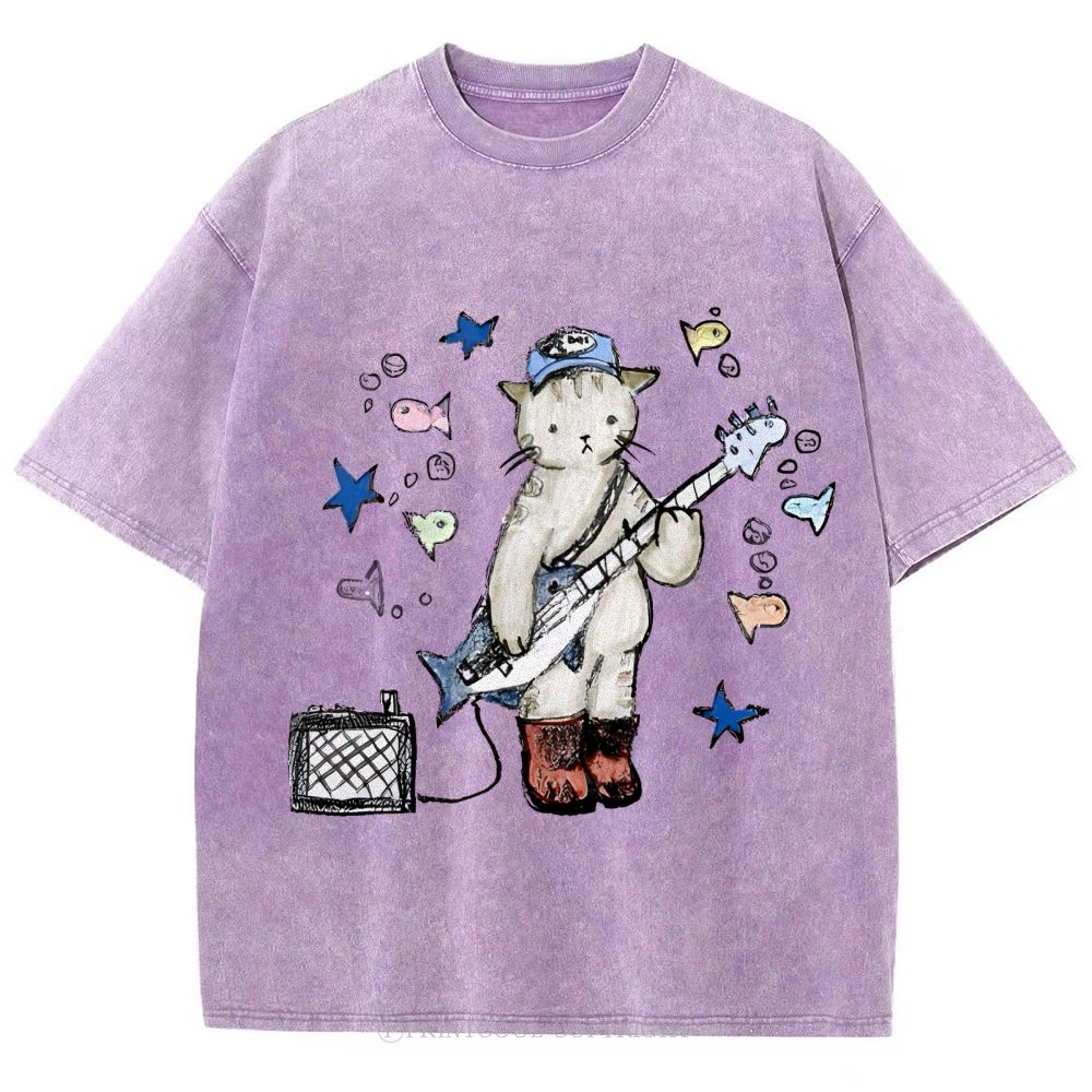 Rock  Star Cat Performance Unisex Vintage Washed Tee