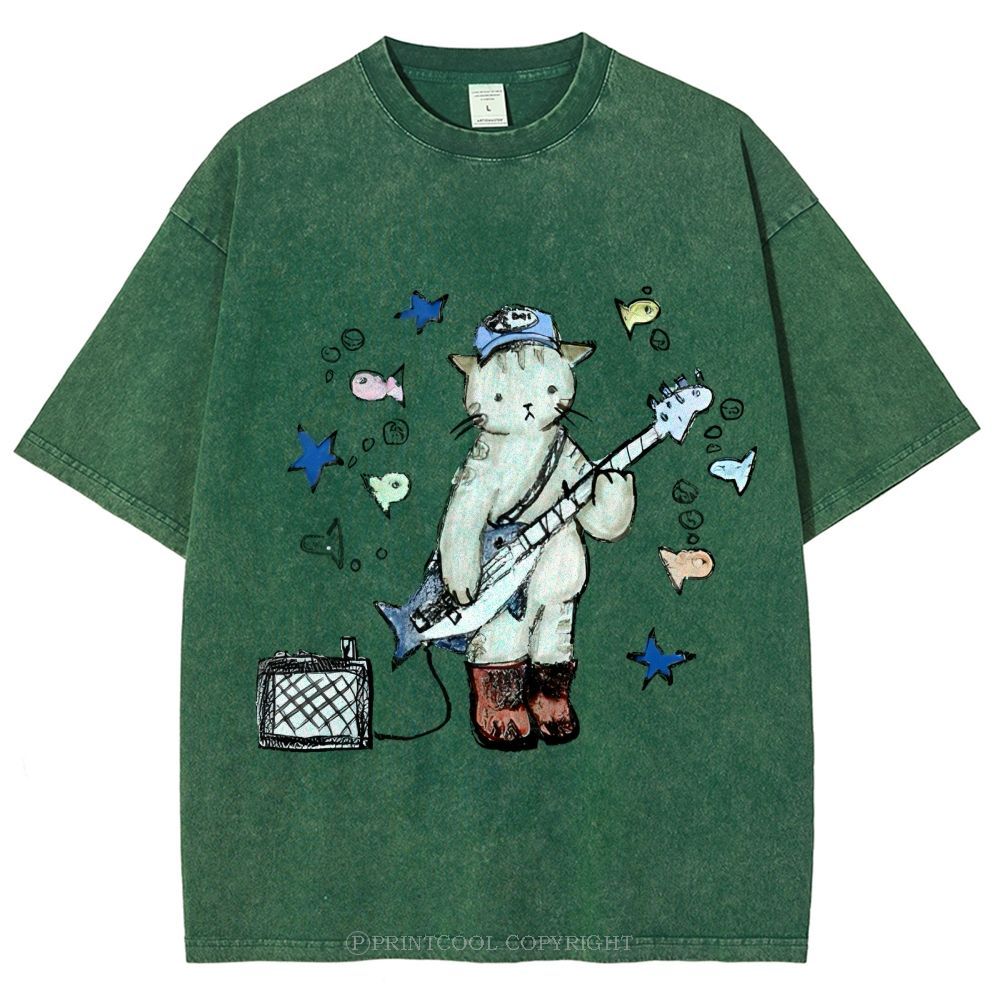 Rock  Star Cat Performance Unisex Vintage Washed Tee