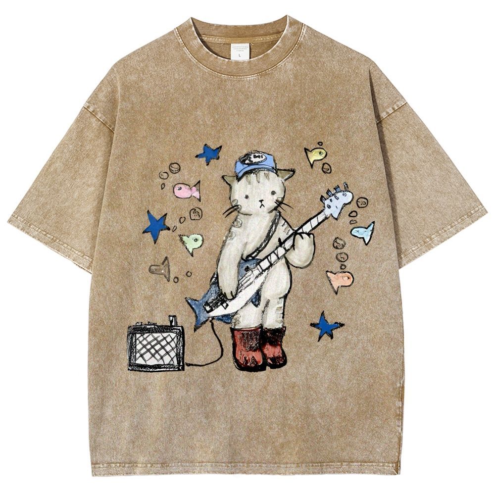 Rock  Star Cat Performance Unisex Vintage Washed Tee