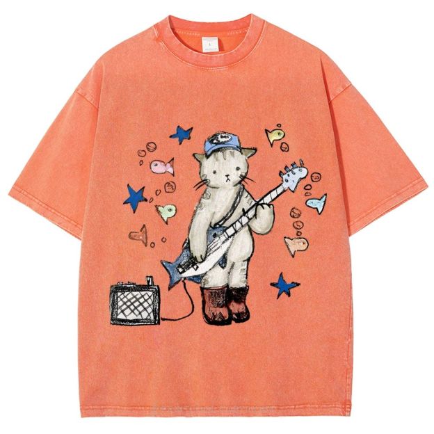 Rock  Star Cat Performance Unisex Vintage Washed Tee
