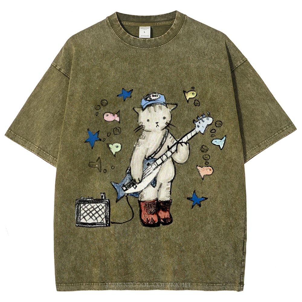 Rock  Star Cat Performance Unisex Vintage Washed Tee