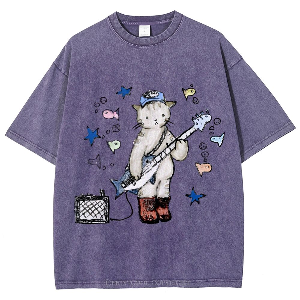 Rock  Star Cat Performance Unisex Vintage Washed Tee