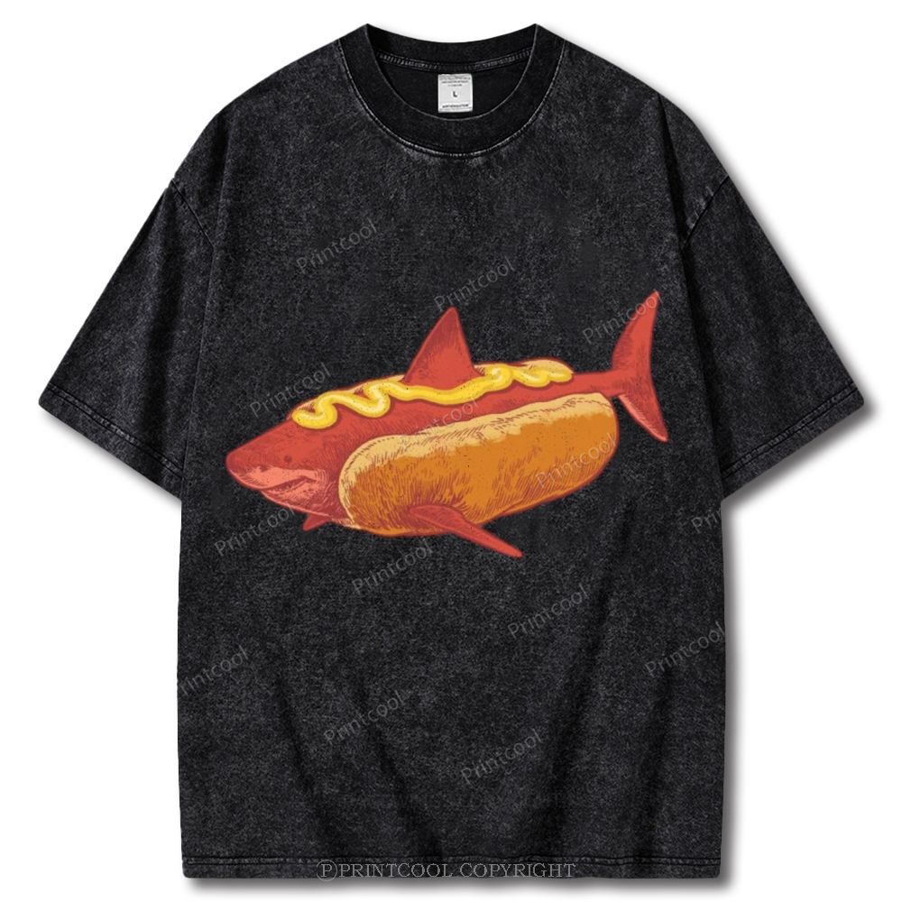 Shark In Hotdog Bun Unisex Vintage Washed Tee