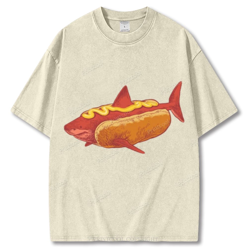 Shark In Hotdog Bun Unisex Vintage Washed Tee