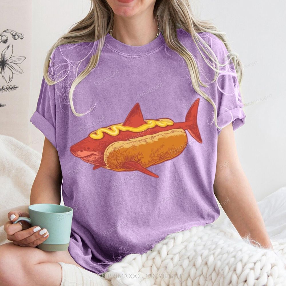 Shark In Hotdog Bun Unisex Vintage Washed Tee