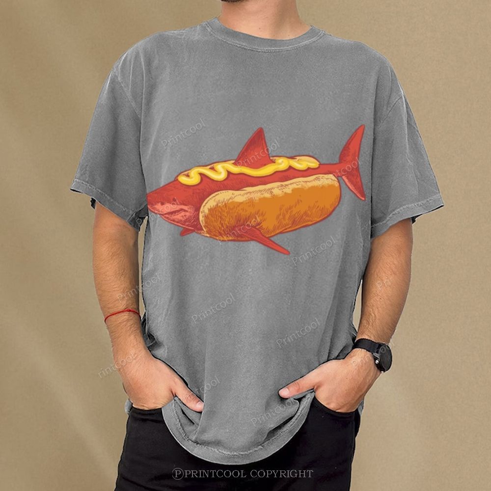 Shark In Hotdog Bun Unisex Vintage Washed Tee