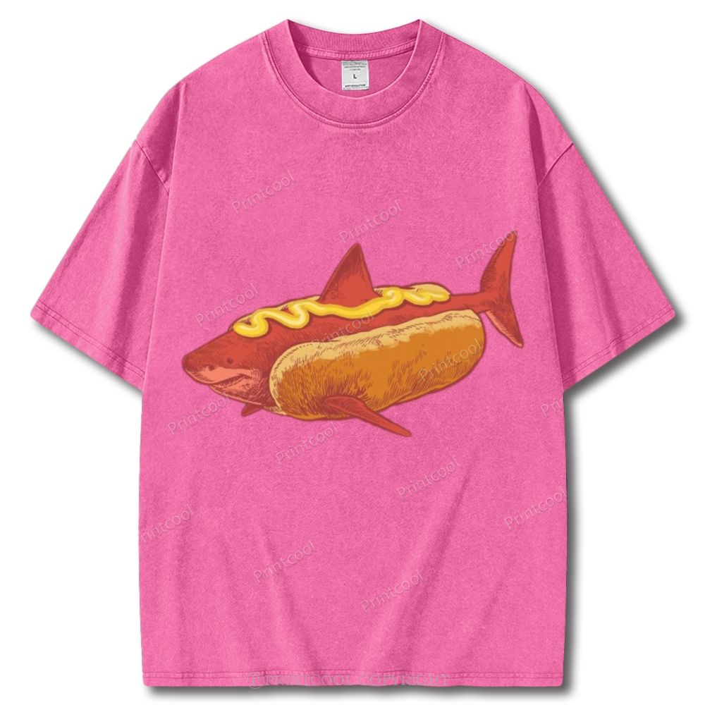 Shark In Hotdog Bun Unisex Vintage Washed Tee