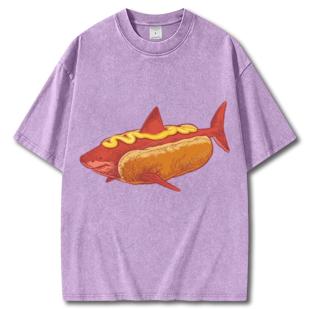Shark In Hotdog Bun Unisex Vintage Washed Tee