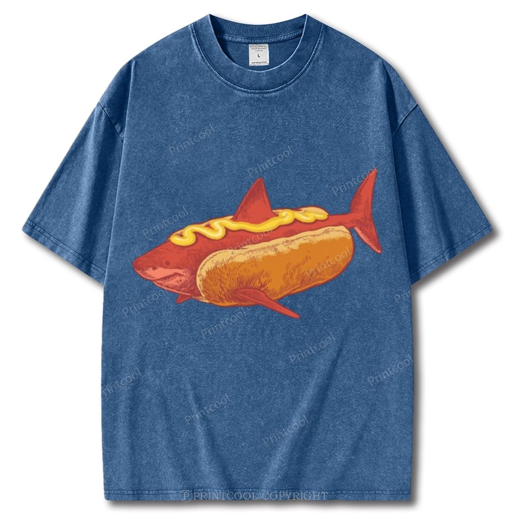 Shark In Hotdog Bun Unisex Vintage Washed Tee