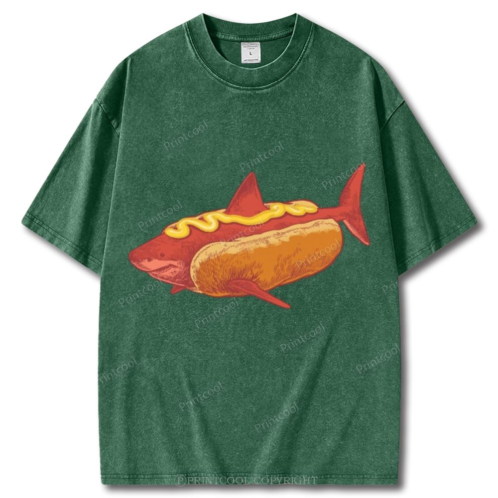 Shark In Hotdog Bun Unisex Vintage Washed Tee