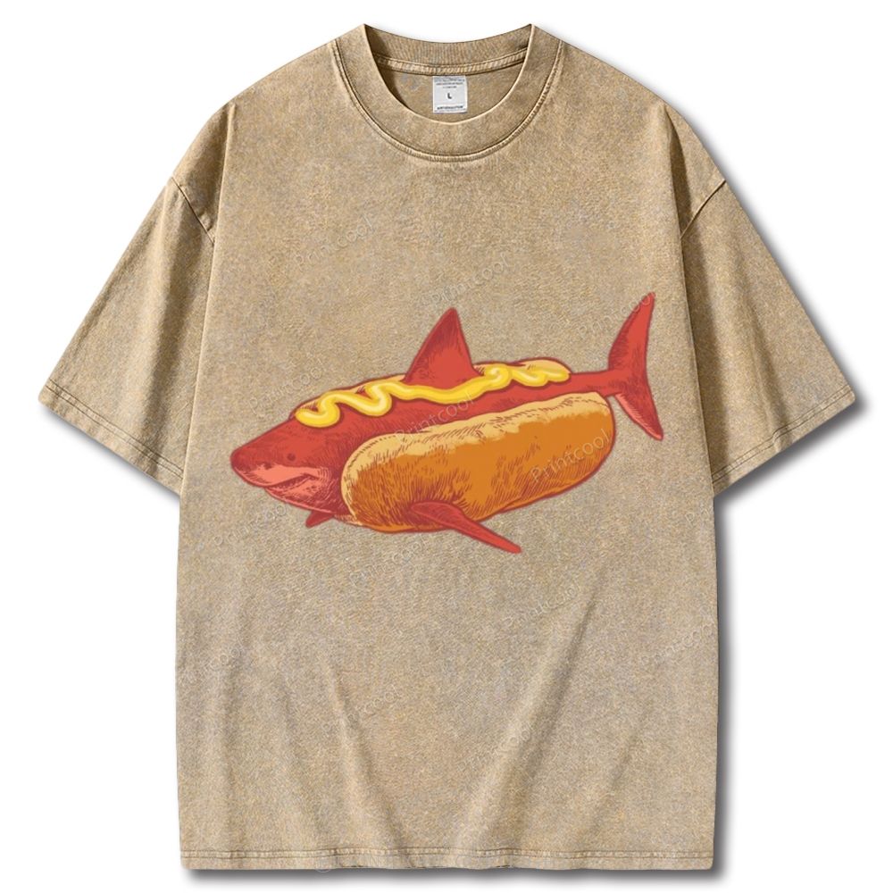 Shark In Hotdog Bun Unisex Vintage Washed Tee