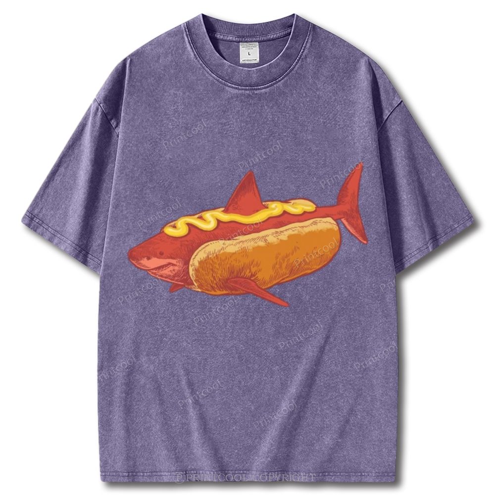 Shark In Hotdog Bun Unisex Vintage Washed Tee