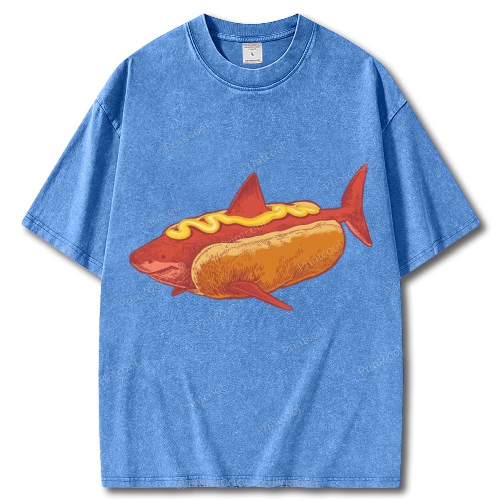 Shark In Hotdog Bun Unisex Vintage Washed Tee