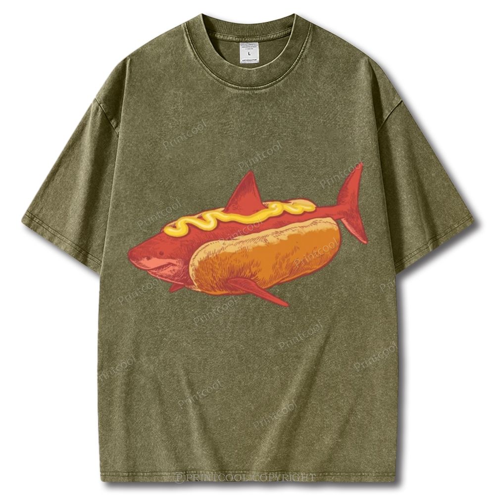 Shark In Hotdog Bun Unisex Vintage Washed Tee