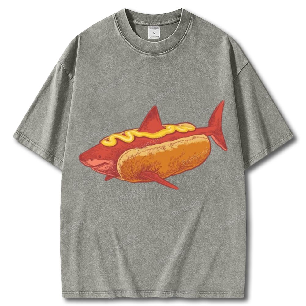 Shark In Hotdog Bun Unisex Vintage Washed Tee