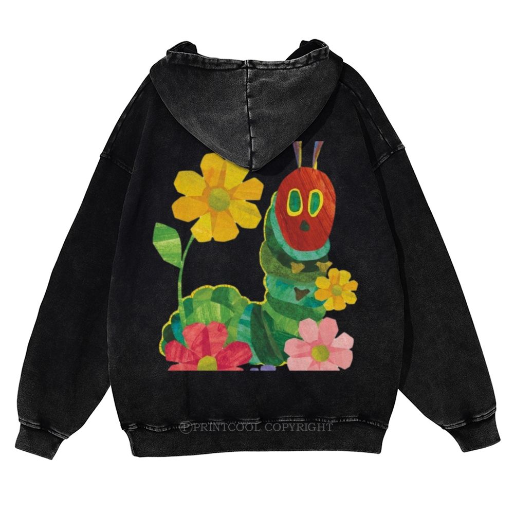 Caterpillar and Flower Collage Casual Washed Hoodie