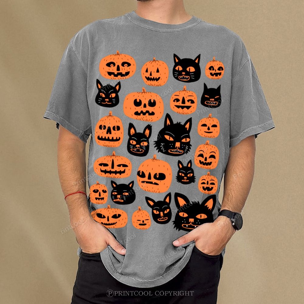 Pumpkin And Black Cat Unisex Vintage Washed Tee
