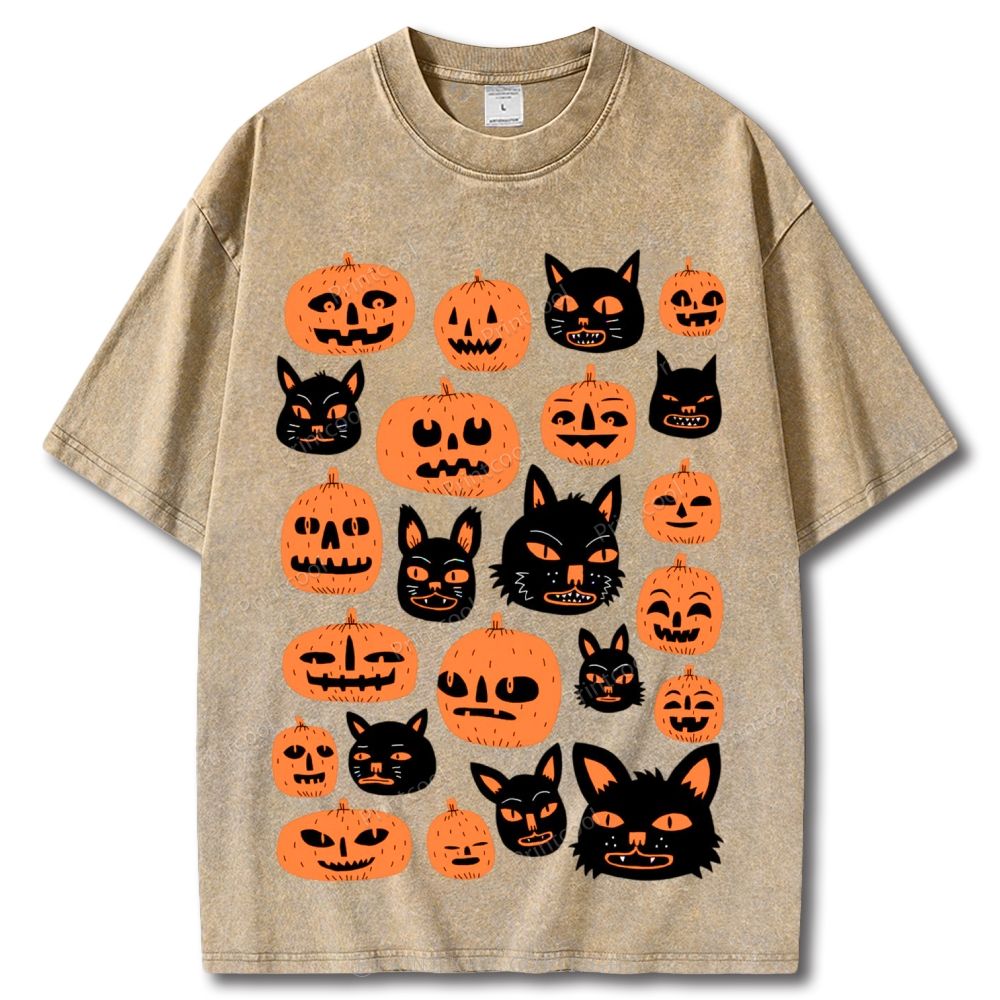 Pumpkin And Black Cat Unisex Vintage Washed Tee