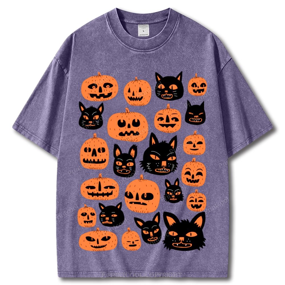 Pumpkin And Black Cat Unisex Vintage Washed Tee