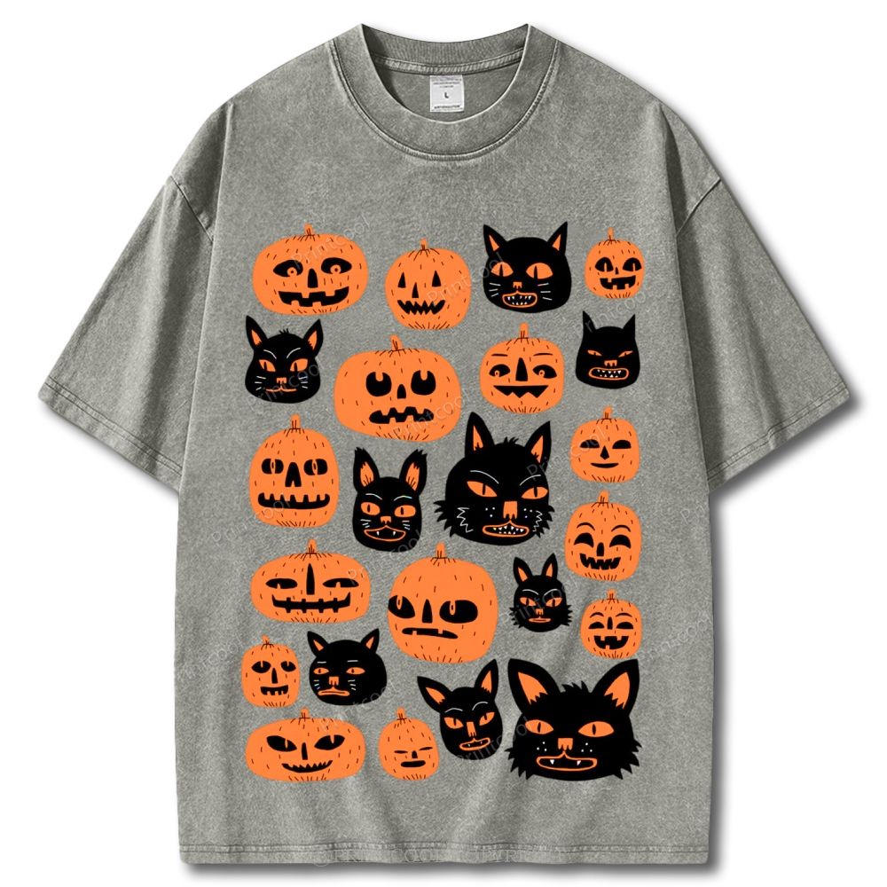 Pumpkin And Black Cat Unisex Vintage Washed Tee