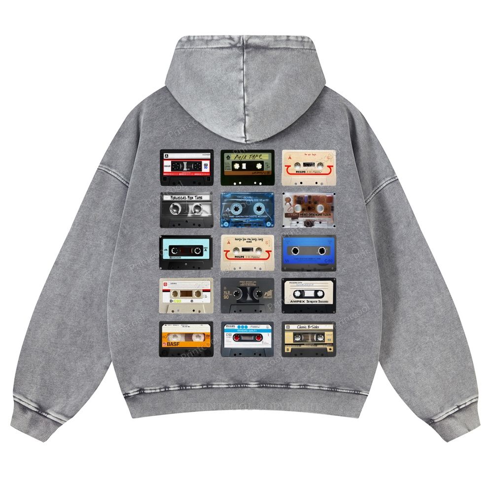 Retro Cassette Collage Music Nostalgia Casual Washed Hoodie