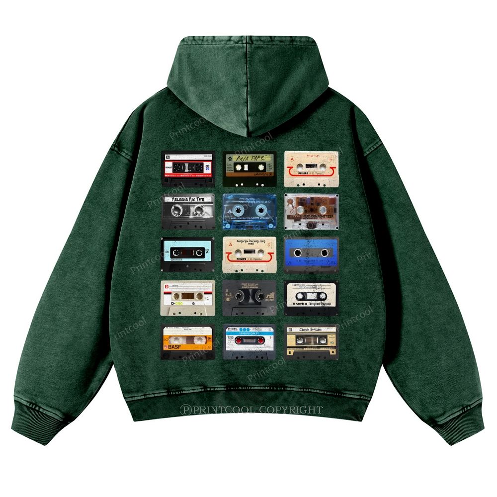Retro Cassette Collage Music Nostalgia Casual Washed Hoodie