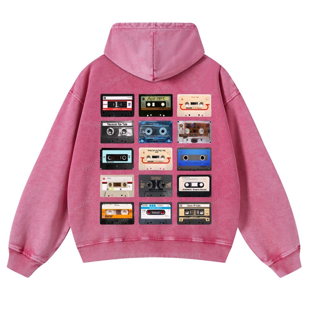 Retro Cassette Collage Music Nostalgia Casual Washed Hoodie