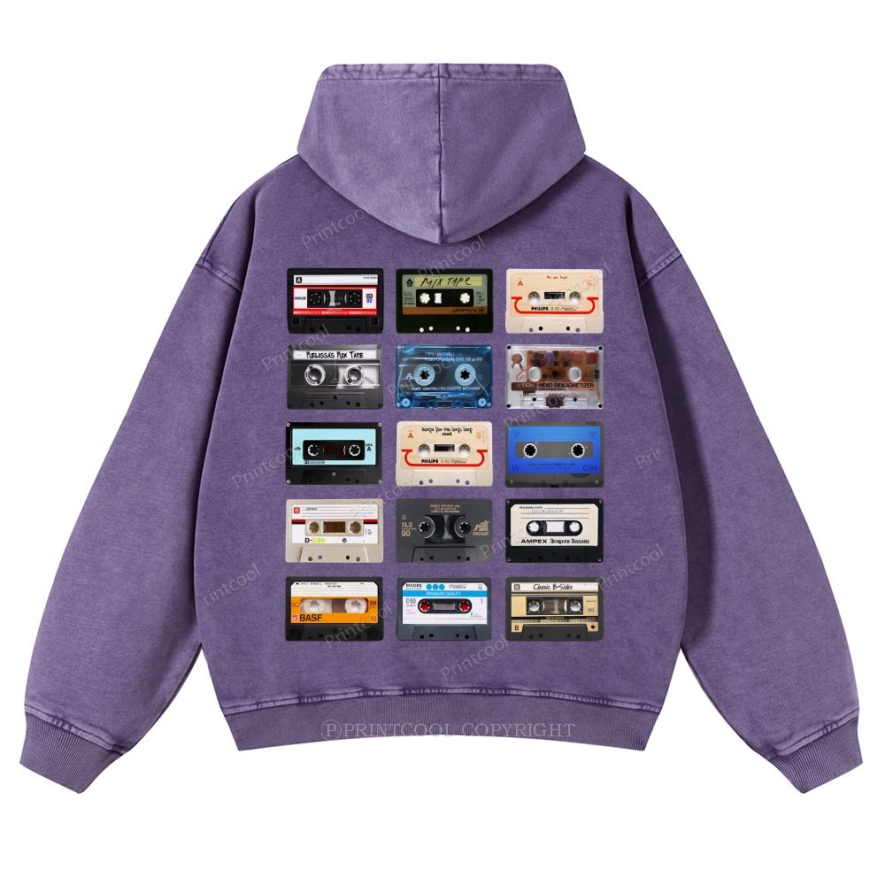 Retro Cassette Collage Music Nostalgia Casual Washed Hoodie