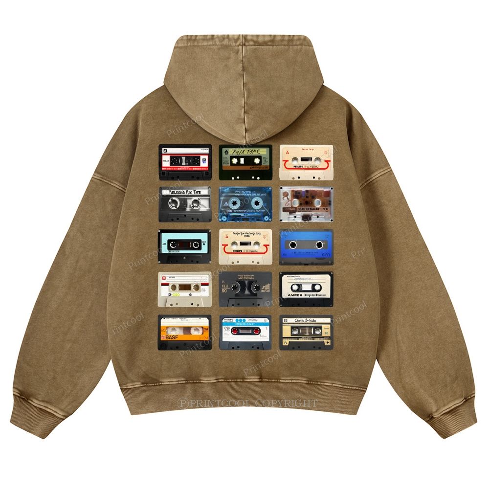 Retro Cassette Collage Music Nostalgia Casual Washed Hoodie