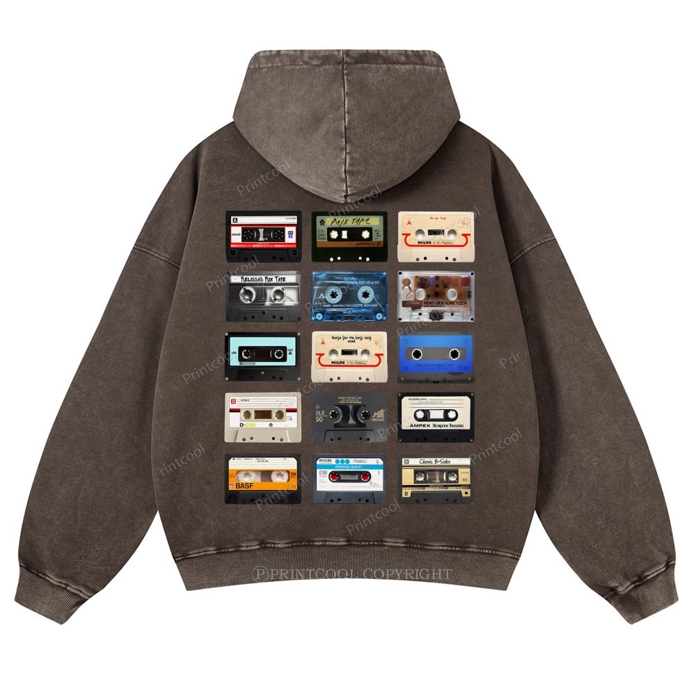 Retro Cassette Collage Music Nostalgia Casual Washed Hoodie