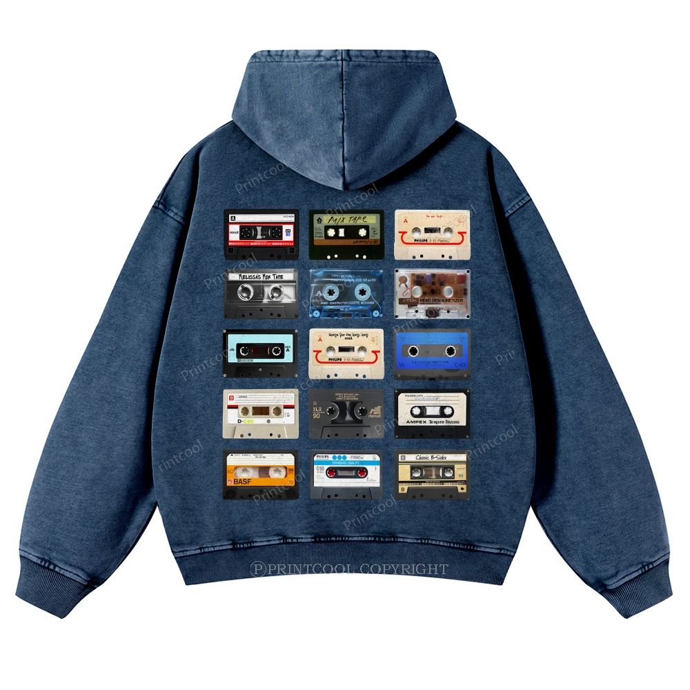Retro Cassette Collage Music Nostalgia Casual Washed Hoodie