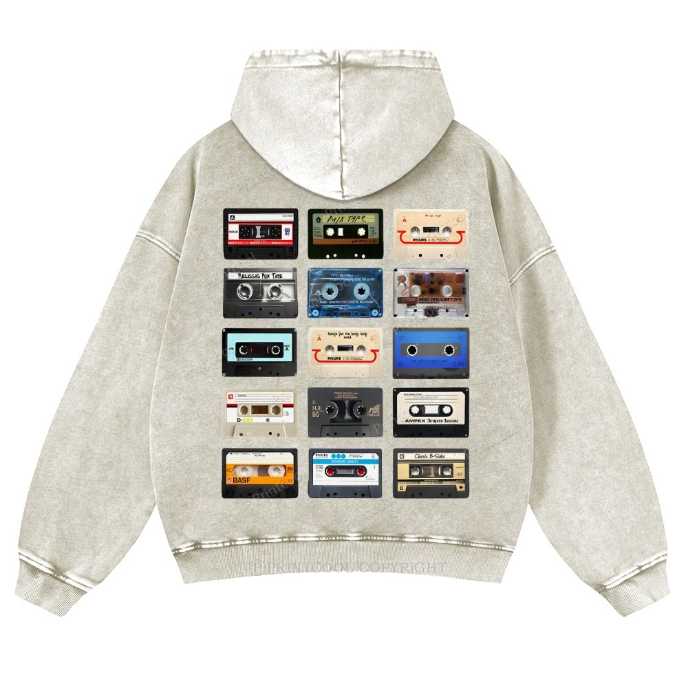 Retro Cassette Collage Music Nostalgia Casual Washed Hoodie