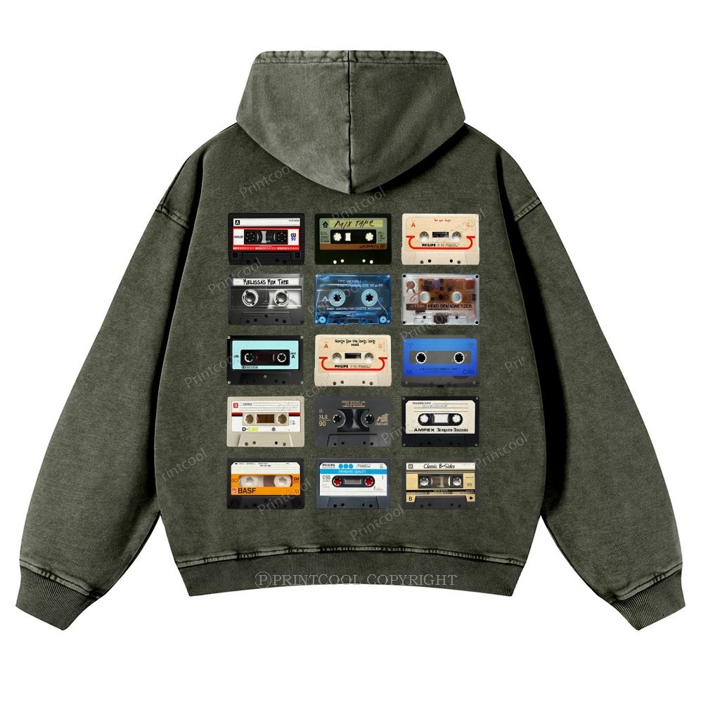 Retro Cassette Collage Music Nostalgia Casual Washed Hoodie