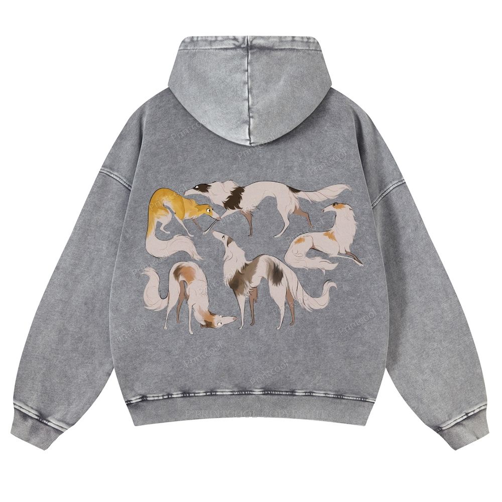 Borzoi Dogs In Various Poses Casual Washed Hoodie