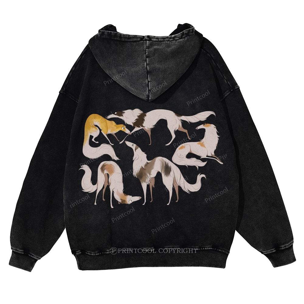 Borzoi Dogs In Various Poses Casual Washed Hoodie