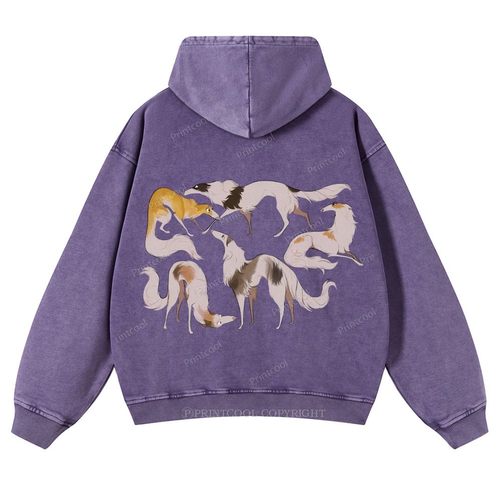 Borzoi Dogs In Various Poses Casual Washed Hoodie