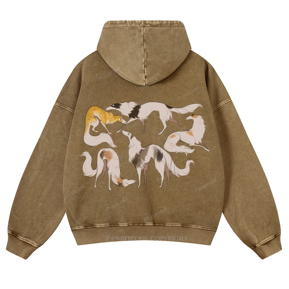 Borzoi Dogs In Various Poses Casual Washed Hoodie