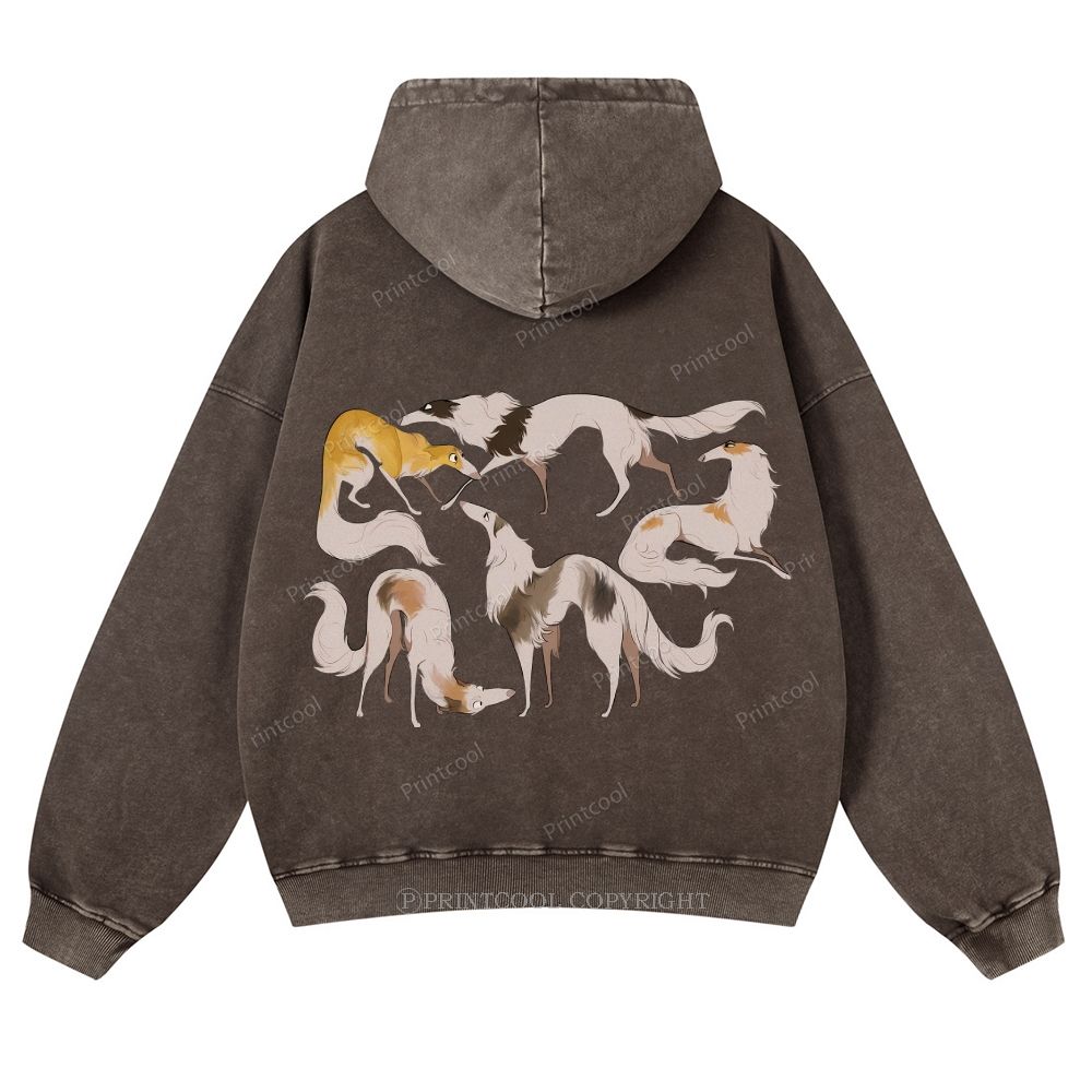 Borzoi Dogs In Various Poses Casual Washed Hoodie