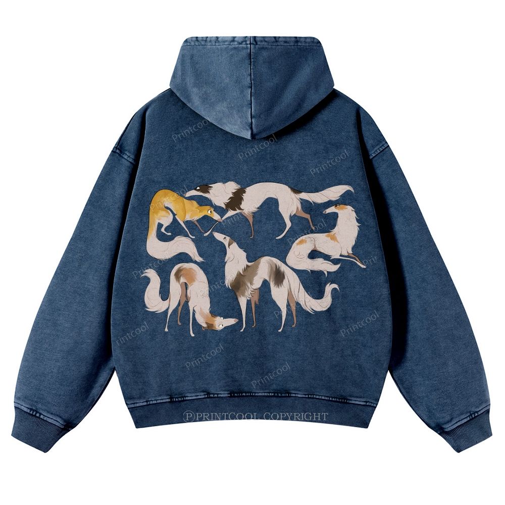 Borzoi Dogs In Various Poses Casual Washed Hoodie