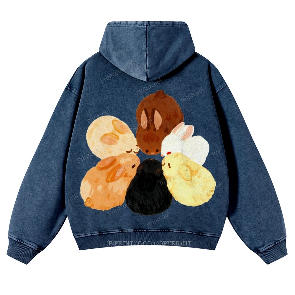 Colorful Rabbits Gathered Together Casual Washed Hoodie
