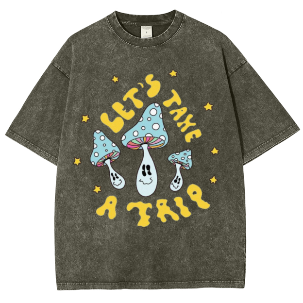 Lets Take A Trip Unisex Oversized Print Vintage Wash Denim T-Shirt