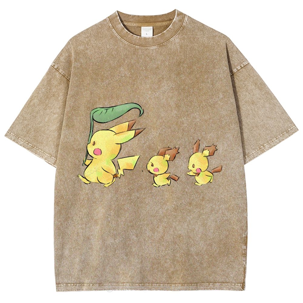 Cute Pikachu Trio Unisex Vintage Washed Tee