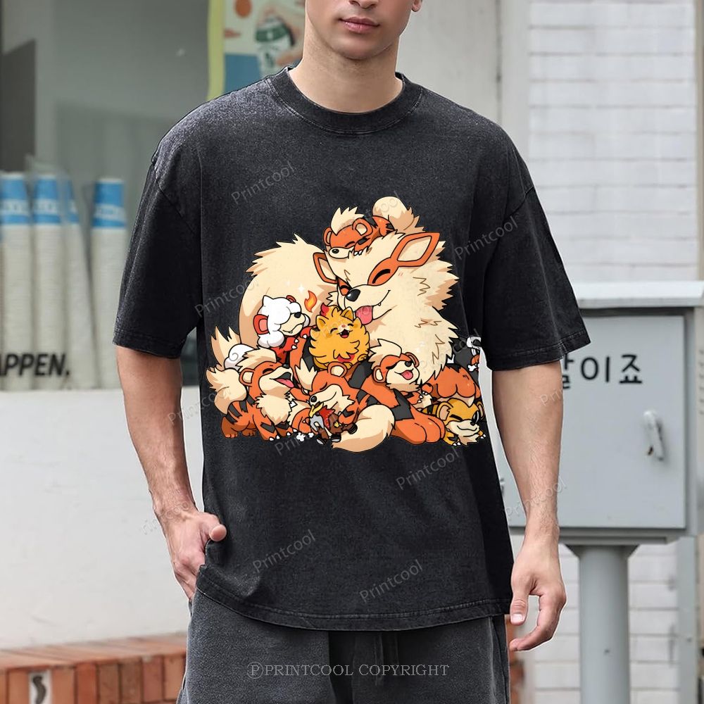 Cute Fluffy Fire Puppies Cartoon Unisex Vintage Washed Tee