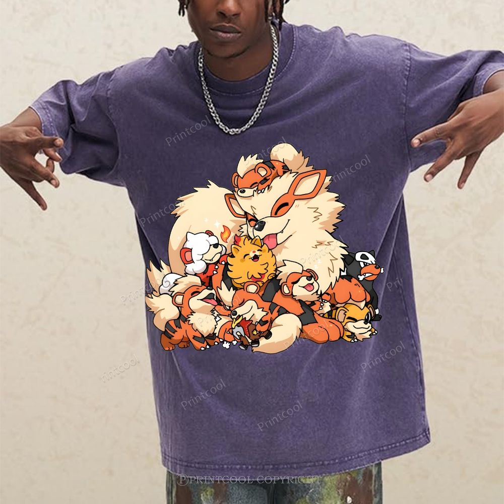 Cute Fluffy Fire Puppies Cartoon Unisex Vintage Washed Tee