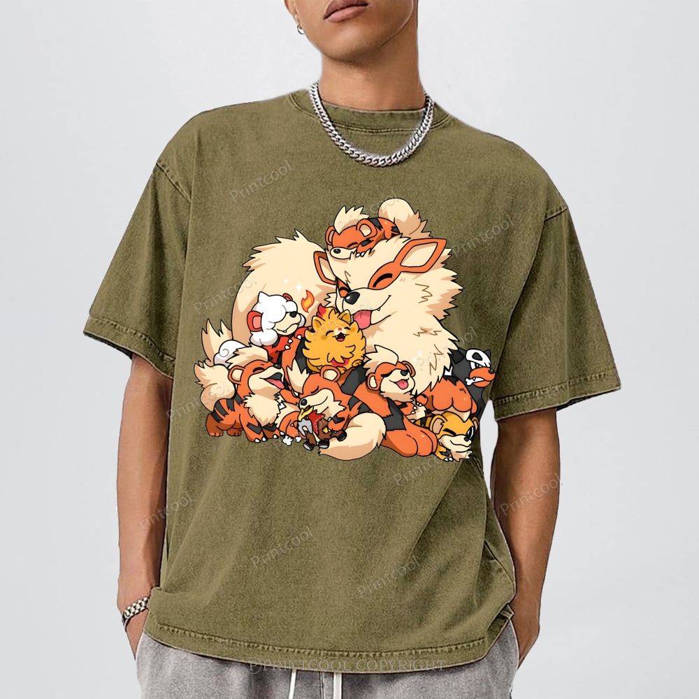 Cute Fluffy Fire Puppies Cartoon Unisex Vintage Washed Tee