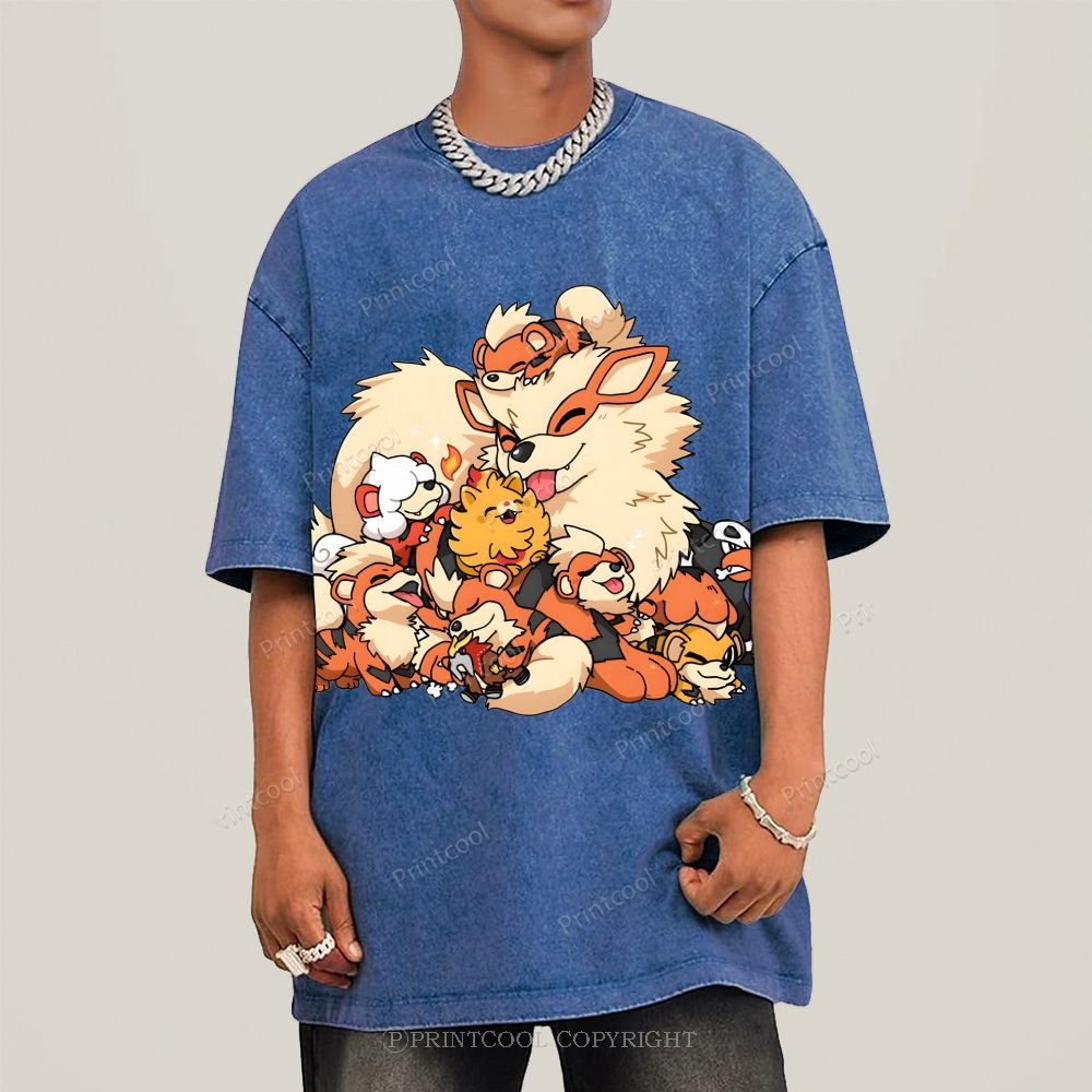 Cute Fluffy Fire Puppies Cartoon Unisex Vintage Washed Tee
