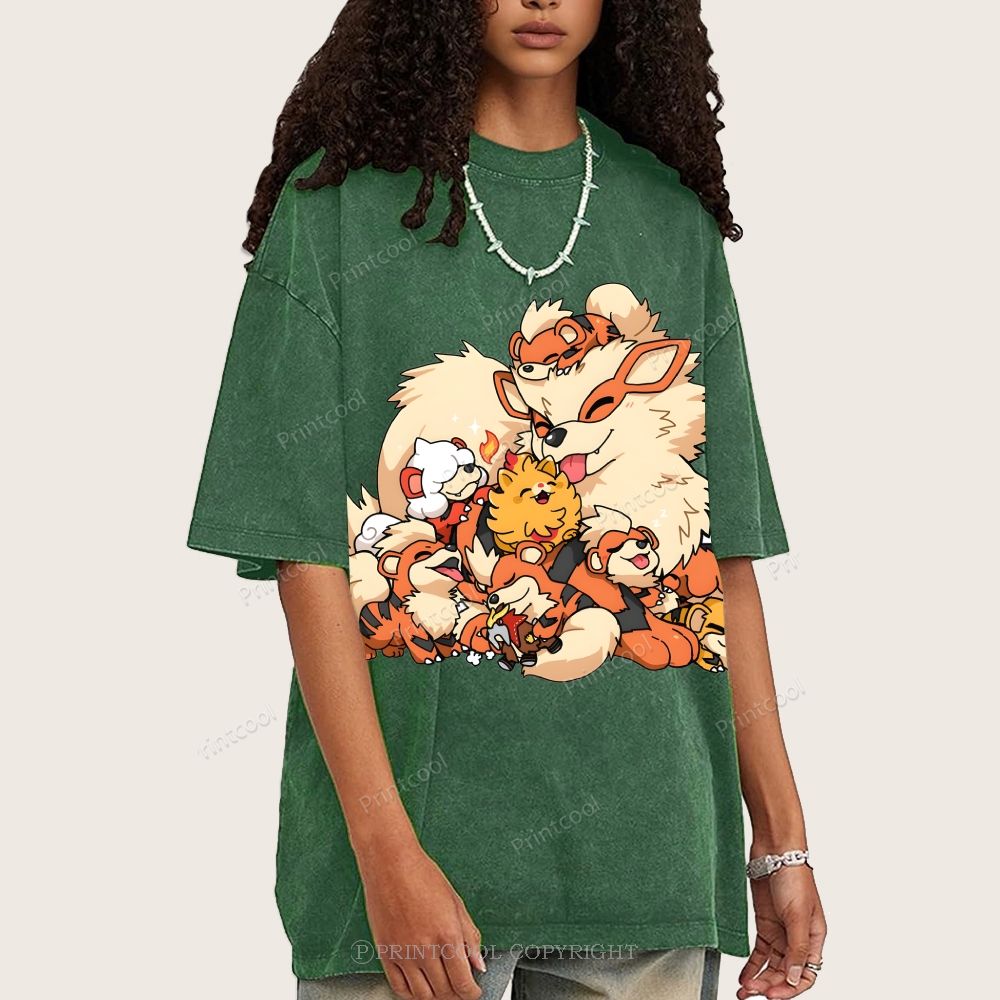 Cute Fluffy Fire Puppies Cartoon Unisex Vintage Washed Tee