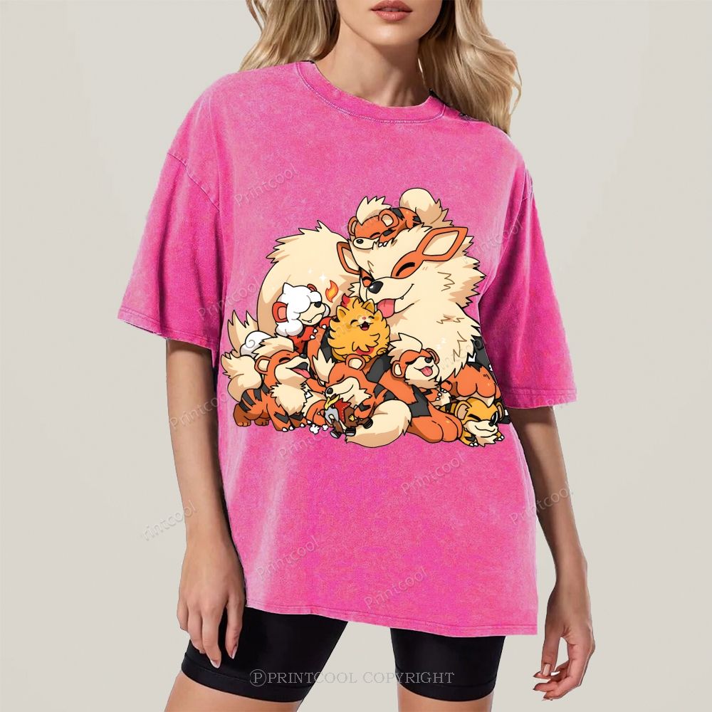 Cute Fluffy Fire Puppies Cartoon Unisex Vintage Washed Tee